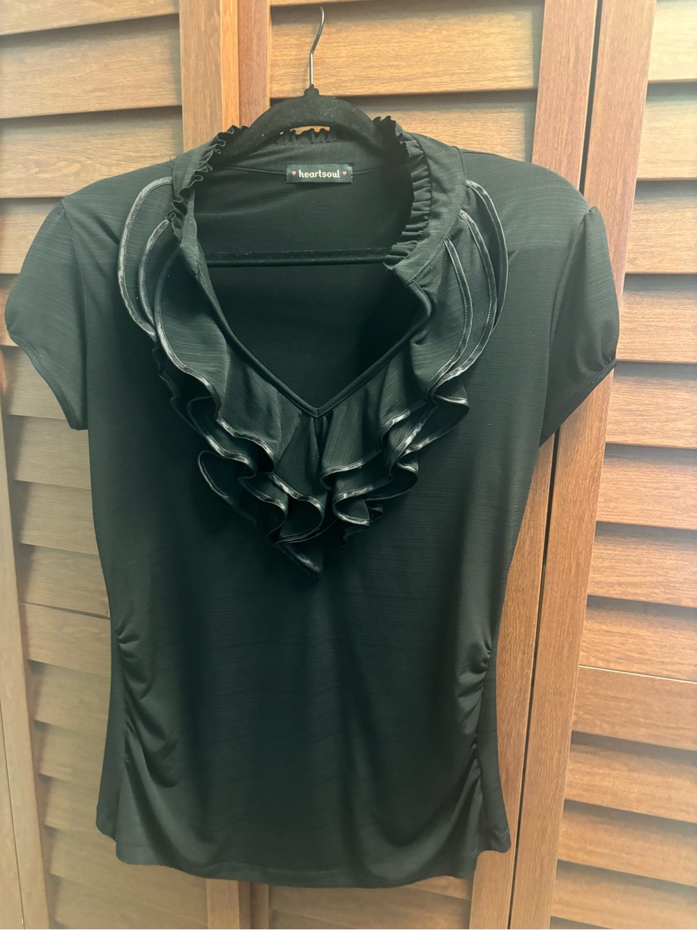 HeartSoul Black Ruffled V‑Neck Short Sleeve Top
